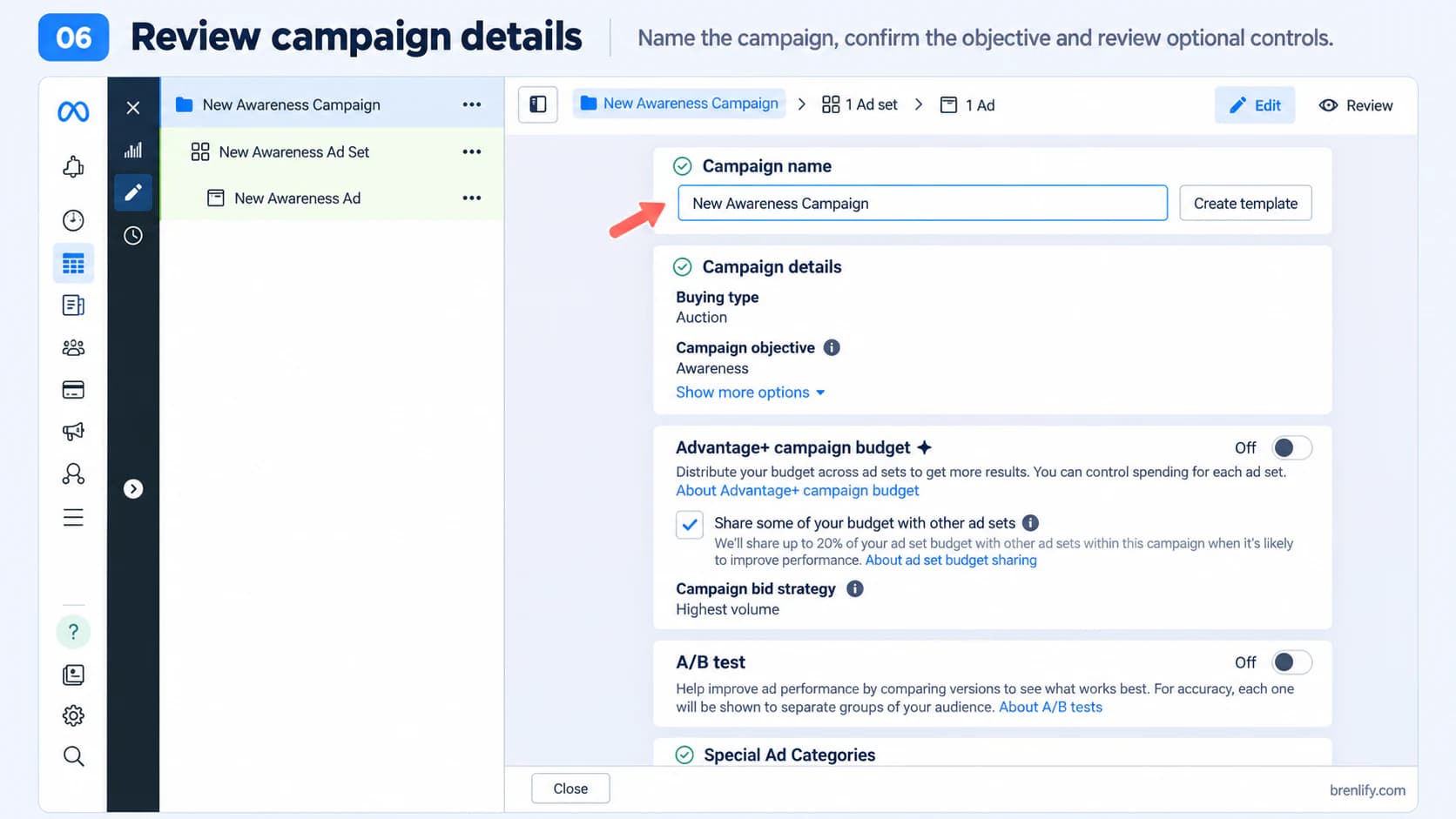 Step 6 showing campaign name and campaign-level settings in Meta Ads Manager