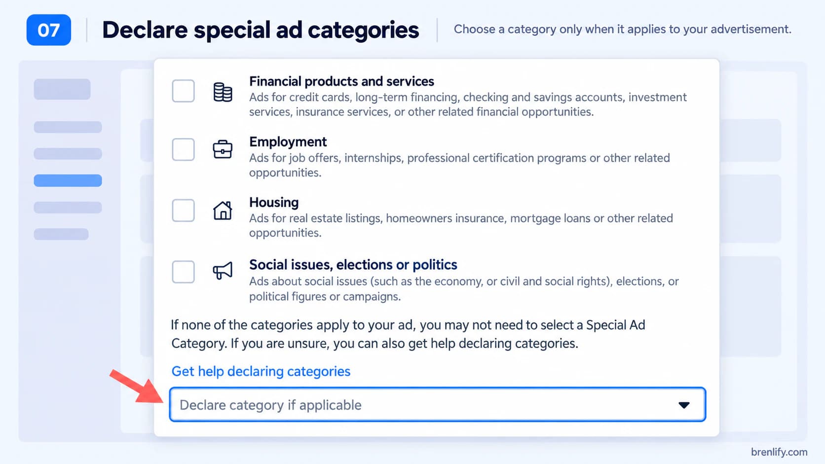 Step 7 showing Meta Special Ad Categories