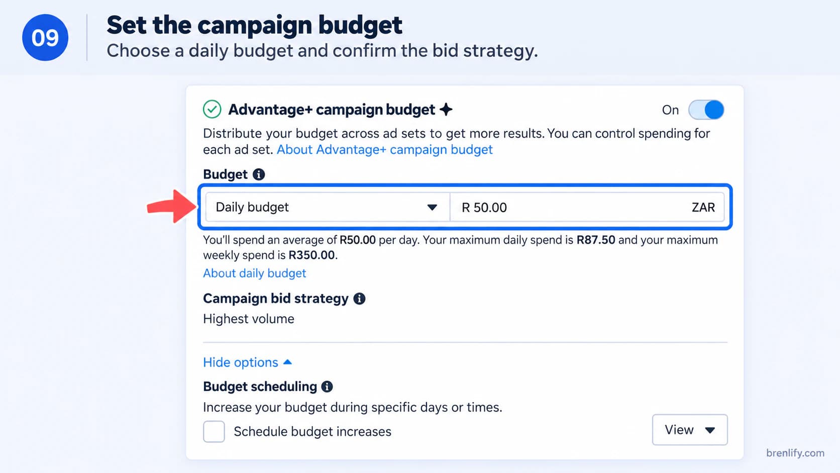 Step 9 showing Advantage+ campaign budget and daily budget controls