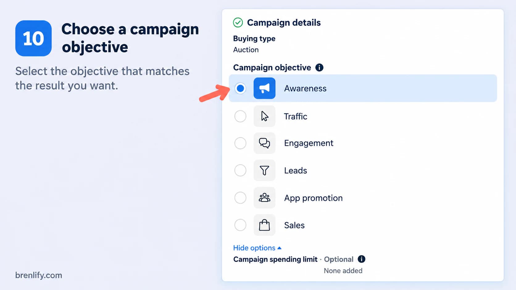 Step 10 showing the Meta campaign objective selector where Sales should be selected for purchases