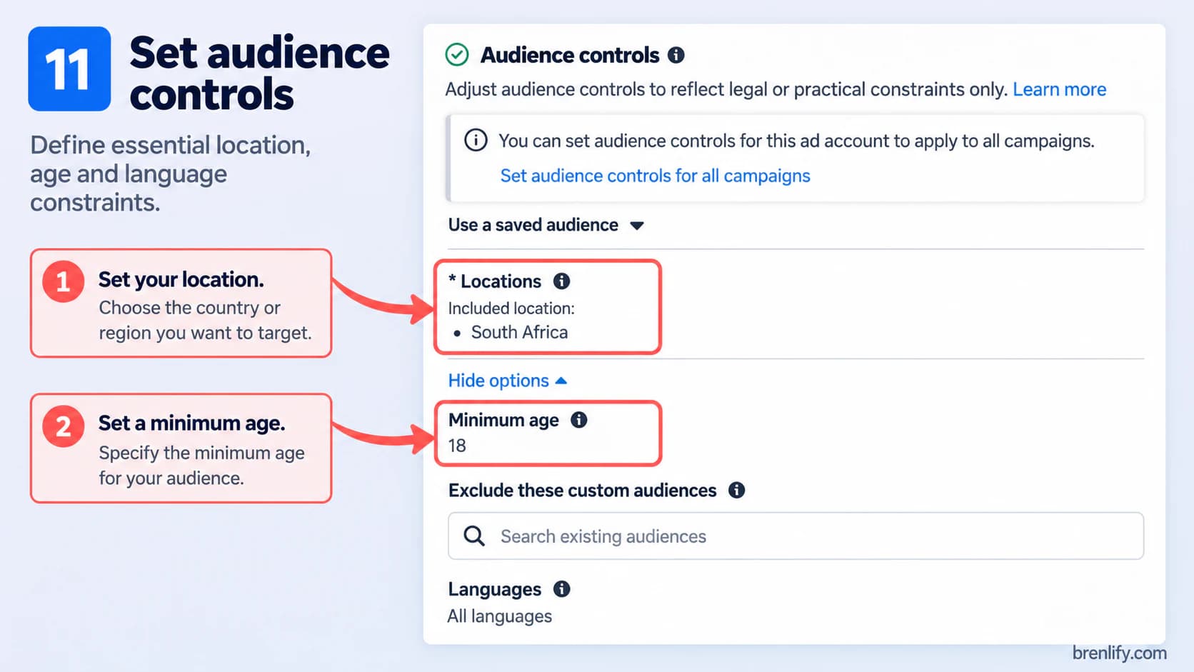 Step 11 showing location, age, language and audience controls in Meta Ads Manager