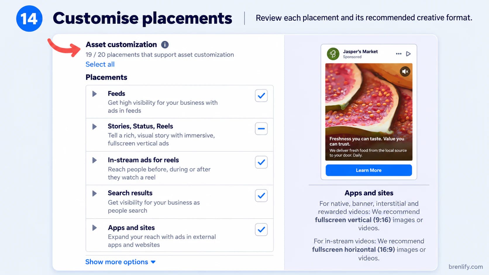 Step 14 showing placement asset customisation across feeds, Stories, Reels and other placements