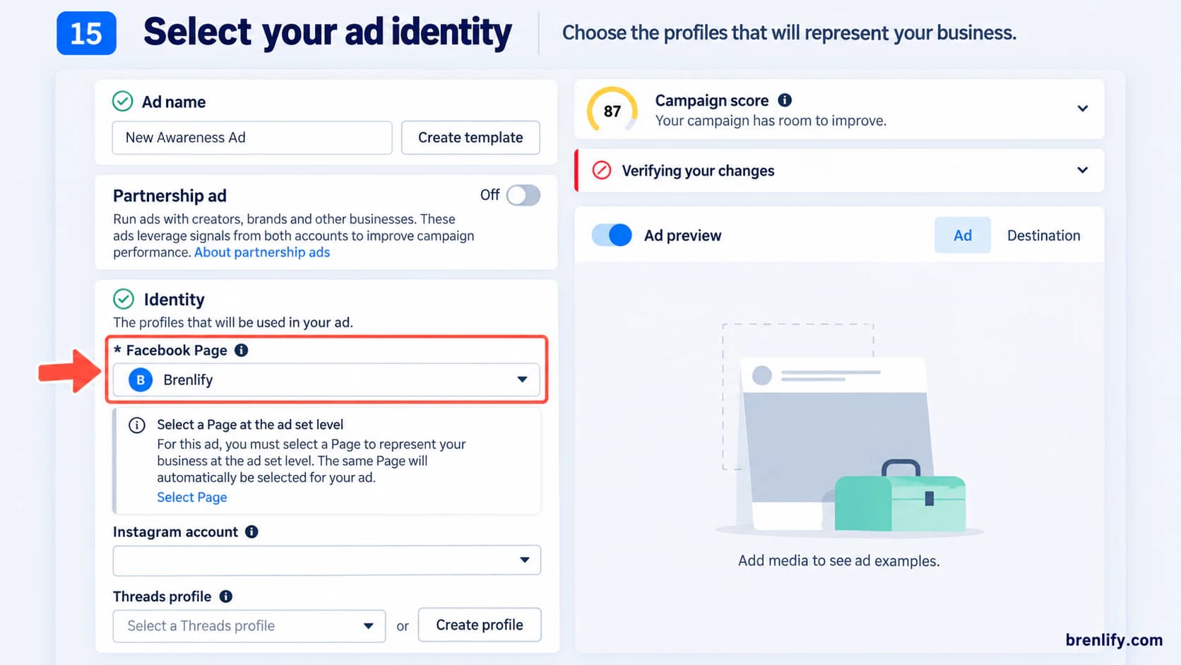 Step 15 showing Facebook Page and Instagram identity selection for a Meta ad
