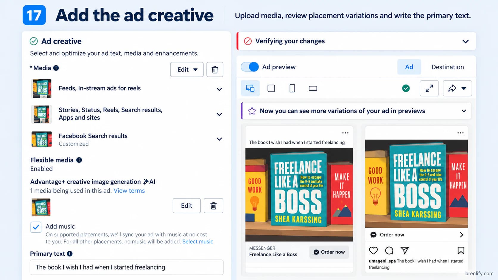Step 17 showing ad creative, primary text and placement previews in Meta Ads Manager