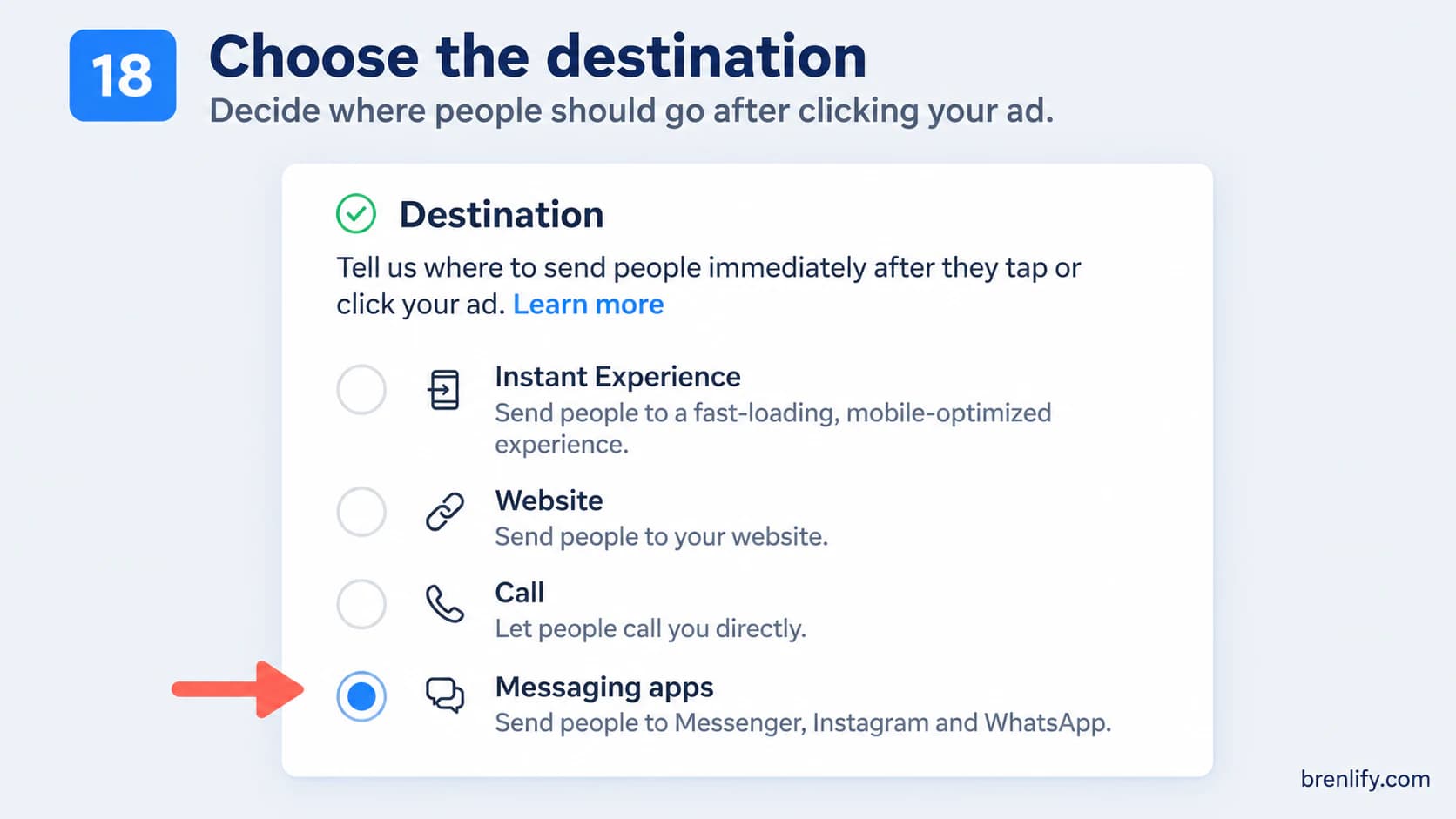 Step 18 showing website, Instant Experience, call and messaging destination options